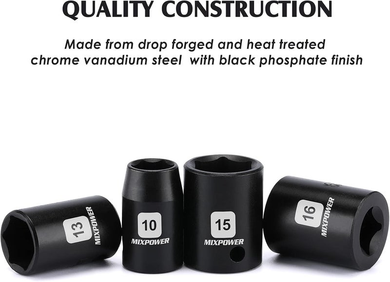 MIXPOWER 13 Pieces 3/8-Inch Drive Shallow Impact Socket Set, 7mm to 19mm, CR-V, Metric, 6 Point, Shallow, 13 Pieces 3/8" Dr. Socket - Image 4